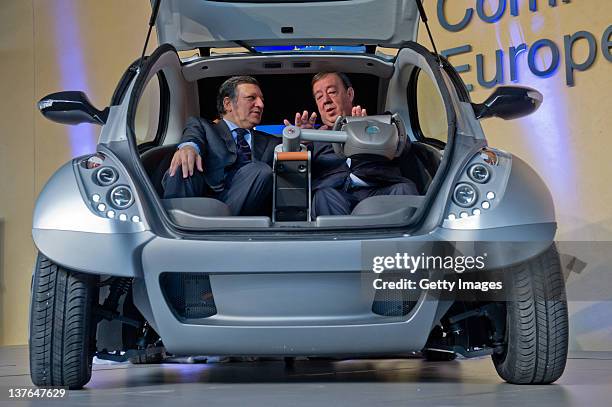 Commission President Jose Manuel Barroso and Jesus Echave, chairman of the HIRIKO-AFYPAIDA corporate consortium, sit in the first prototype of the...