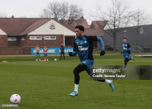 Jamal Lewis runs with the ball during the Newcastle United Training Session at the Newcastle United Training Centre on March 02, 2022 in Newcastle...