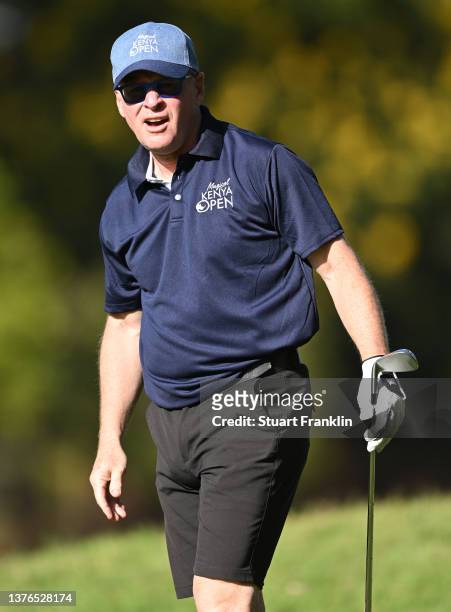 Keith Pelley, CEO of DP World Tour plays a shot during the pro-am prior to the Magical Kenya Open at Muthaiga Golf Club on March 02, 2022 in Nairobi,...