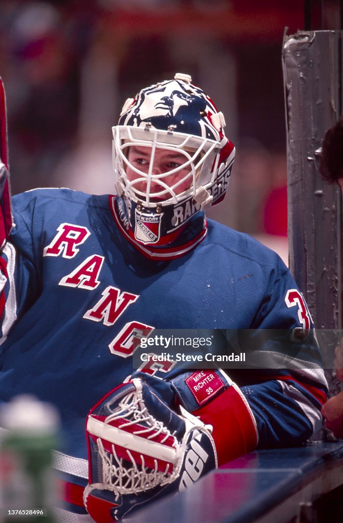 Mike Rith Mike Richter, of the New York Rangers, during pregame warm ups before ...
