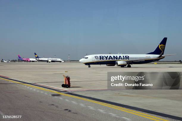 Ryanair plane in Karol Wojtyla airport on February 25, 2022 in Bari, Italy. 150 young pupils who have been taking part in the aeronautical culture...