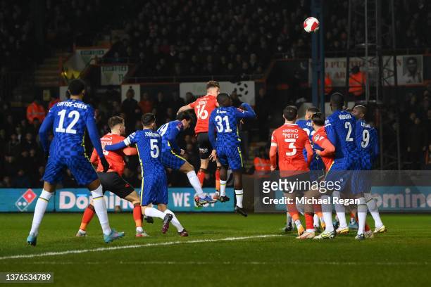 Reece Burke of Luton Town scores their team's first goal during the Emirates FA Cup Fifth Round match between Luton Town and Chelsea at Kenilworth...