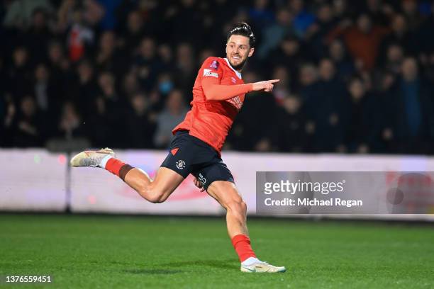 Harry Cornick of Luton Town celebrates after scoring their team's second goal during the Emirates FA Cup Fifth Round match between Luton Town and...