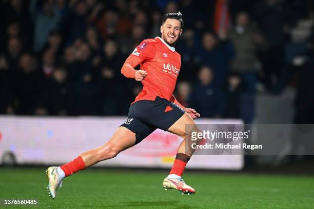 Harry Cornick of Luton Town celebrates after scoring their team's second goal during the Emirates FA Cup Fifth Round match between Luton Town and...