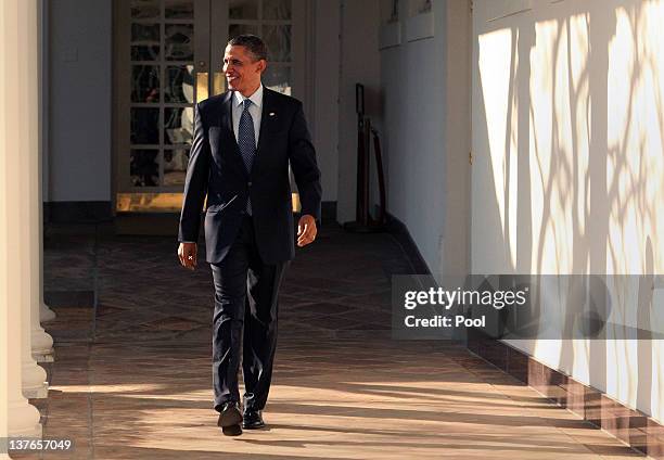 President Barack Obama walks the Colonnade hours before giving the State of the Union Speech at the White House January 24, 2012 in Washington, DC....