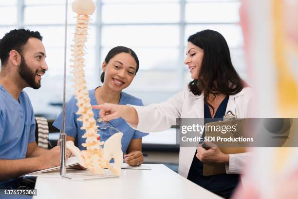 professor spends time teaching two students about vertebrae - human spine stock pictures, royalty-free photos & images