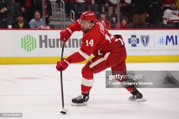 Robby Fabbri of the Detroit Red Wings skates against the Carolina Hurricanes at Little Caesars Arena on March 01, 2022 in Detroit, Michigan.