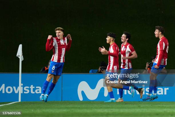 Pablo Barrios of Atletico de Madrid celebrates after scoring their team's first goal during the UEFA Youth League Round Of Sixteen match between Real...