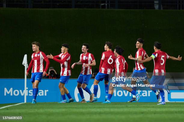 Pablo Barrios of Atletico de Madrid celebrates after scoring their team's first goal during the UEFA Youth League Round Of Sixteen match between Real...