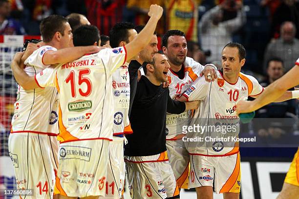 Macedonia celebrates the 27-25 victory after the Men's European Handball Championship second round group one match between Poland and Macedonia at...