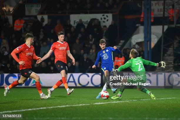 Timo Werner of Chelsea scores their team's second goal past Harvey Isted of Luton Town during the Emirates FA Cup Fifth Round match between Luton...