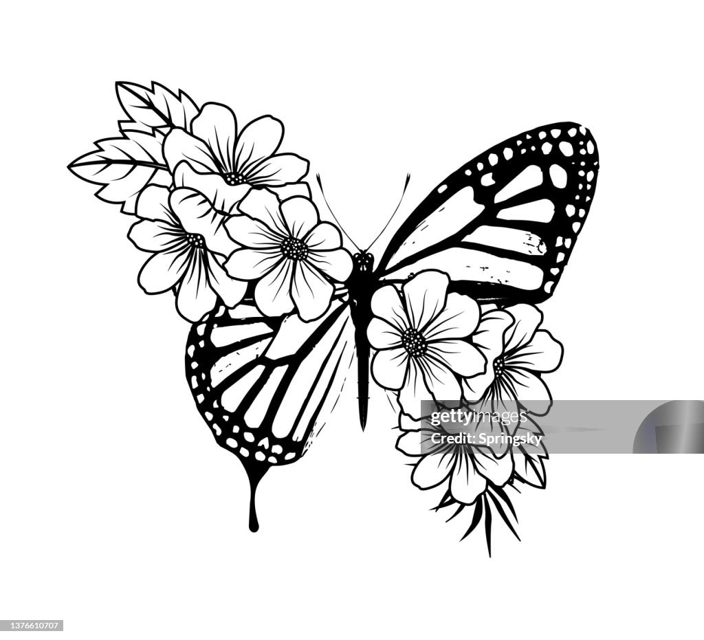 Buttefly with Floral Wing, Vector Design for Fashion and Poster Prints, Tattoo Design