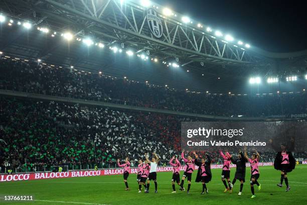 Juventus FC celebrate victory at the end of the Tim Cup match between Juventus FC and AS Roma at Juventus Arena on January 24, 2012 in Turin, Italy.