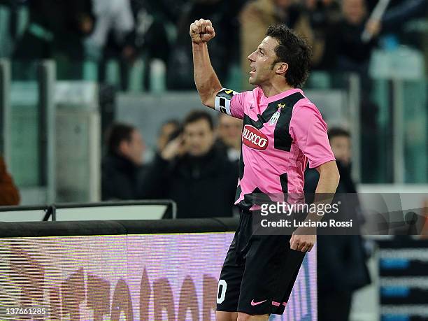 Alessandro Del Piero celebrates after scoring the second goal during the Tim Cup match between Juventus FC and AS Roma at Juventus Arena on January...