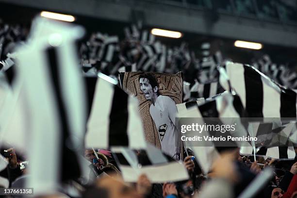 Fans of Juventus FC celebrate victory at the end of the Tim Cup match between Juventus FC and AS Roma at Juventus Arena on January 24, 2012 in Turin,...