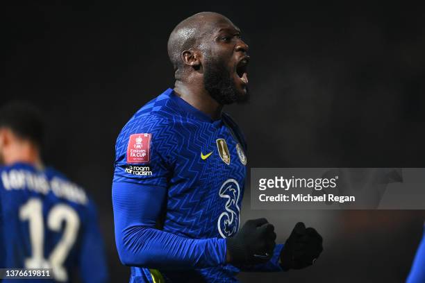 Romelu Lukaku of Chelsea celebrates after scoring their team's third goal during the Emirates FA Cup Fifth Round match between Luton Town and Chelsea...