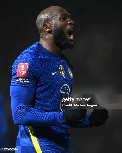 Romelu Lukaku of Chelsea celebrates after scoring their team's third goal during the Emirates FA Cup Fifth Round match between Luton Town and Chelsea...