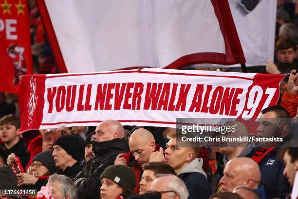 You'll Never Walk Alone banner is seen on The Kop ahead of the Emirates FA Cup Fifth Round match between Liverpool and Norwich City at Anfield on...