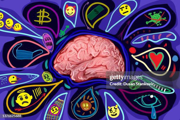 ilustraciones, imágenes clip art, dibujos animados e iconos de stock de ¿qué está pensando tu cerebro? - emotional intelligence