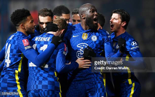 Romelu Lukaku of Chelsea celebrates with teammates after scoring their team's third goal during the Emirates FA Cup Fifth Round match between Luton...