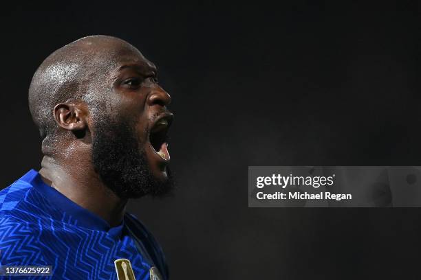 Romelu Lukaku of Chelsea celebrates after scoring their team's third goal during the Emirates FA Cup Fifth Round match between Luton Town and Chelsea...