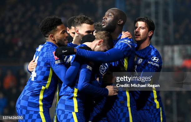 Romelu Lukaku of Chelsea celebrates with teammates after scoring their team's third goal during the Emirates FA Cup Fifth Round match between Luton...