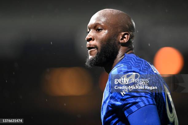 Romelu Lukaku of Chelsea looks on during the Emirates FA Cup Fifth Round match between Luton Town and Chelsea at Kenilworth Road on March 02, 2022 in...