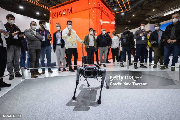 Visitors enjoy the demonstration of a Cyberdog at the Xiaomi booth on day 3 of the GSMA Mobile World Congress on March 02, 2022 in Barcelona, Spain....