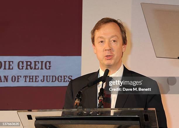 Chairman of the juding panel Geordie Greig speaks at the 2011 Costa Book Awards at Quaglino's on January 24, 2012 in London, England.
