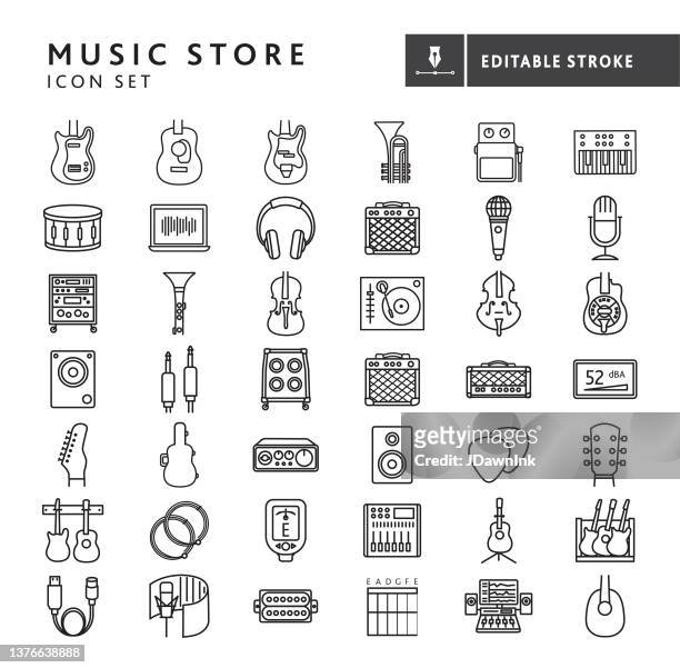 musikgeschäft instrumente und ausrüstung große dünne linie icon set auf weißem hintergrund - editierbarer hub - verstärker stock-grafiken, -clipart, -cartoons und -symbole