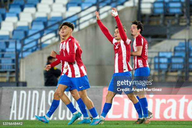 Sergio Diez of Atletico de Madrid celebrates after scoring their team's second goal during the UEFA Youth League Round Of Sixteen match between Real...