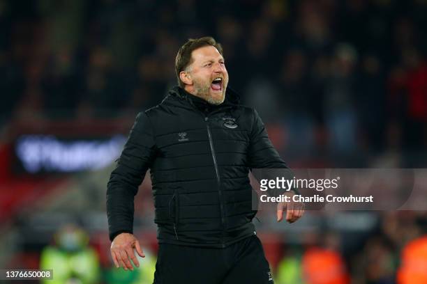 Ralph Hasenhuettl, Manager of Southampton celebrates following their side's victory in the Emirates FA Cup Fifth Round match between Southampton and...