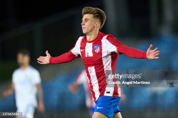 Pablo Barrios of Atletico de Madrid celebrates after scoring their team's third goal during the UEFA Youth League Round Of Sixteen match between Real...