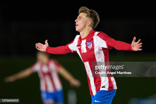 Pablo Barrios of Atletico de Madrid celebrates after scoring their team's third goal during the UEFA Youth League Round Of Sixteen match between Real...