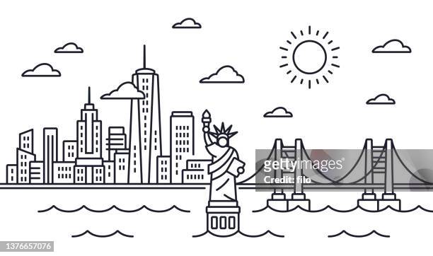 ilustrações, clipart, desenhos animados e ícones de desenho da linha skyline da cidade de nova york - statue of liberty new york city