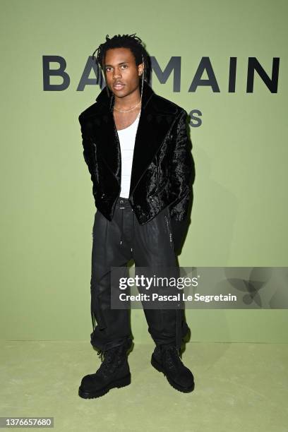 Kailand Morris attends the Balmain Womenswear Fall/Winter 2022/2023 show as part of Paris Fashion Week at Carreaux du Temple on March 02, 2022 in...