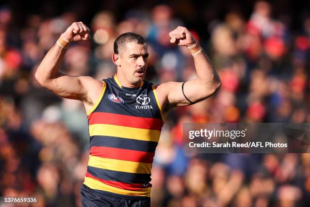 Taylor Walker of the Crows celebrates a goal during the 2023 AFL Round 16 match between the Adelaide Crows and the North Melbourne Kangaroos at...