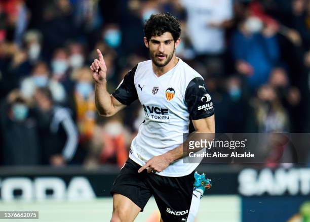 Goncalo Guedes of Valencia CF celebrates after scoring goal during the Copa del Rey semi-final second leg match between Valencia and Bilbao at...