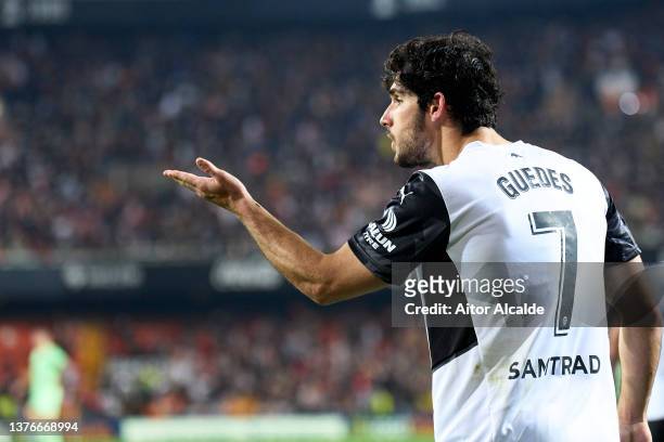Goncalo Guedes of Valencia CF celebrates after scoring goal during the Copa del Rey match between Valencia and Bilbao at Estadio Mestalla on March...