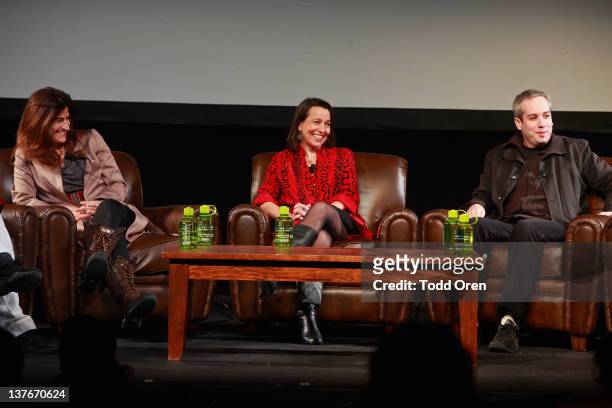 Jehane Noujaim, Jioa Mukherjee and Kief Davidson speak at the Skoll Foundation Panel: Celebrating Stories of Change during the 2012 Sundance Film...