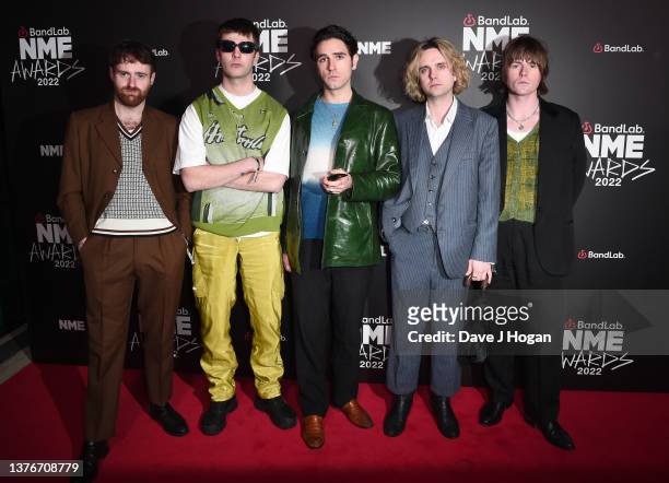 Tom Coll, Grian Chatten, Carlos O'Connell, Conor Deegan and Conor Curley of Fontaines D.C during the NME Awards 2022 at O2 Academy Brixton on March...