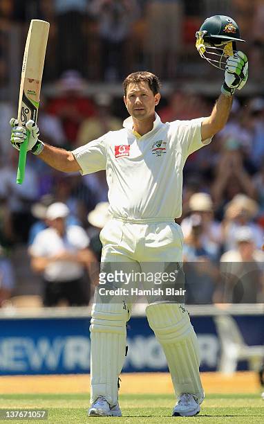 Ricky Ponting of Australia celebrates his double century during day two of the Fourth Test Match between Australia and India at Adelaide Oval on...