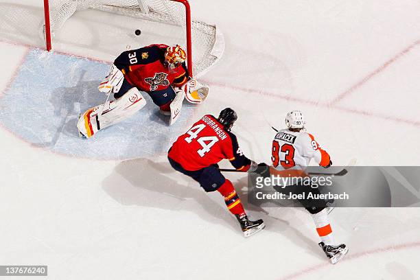 Jakub Voracek of the Philadelphia Flyers scores a goal past goaltender Scott Clemmensen of the Florida Panthers on January 24, 2012 at the...