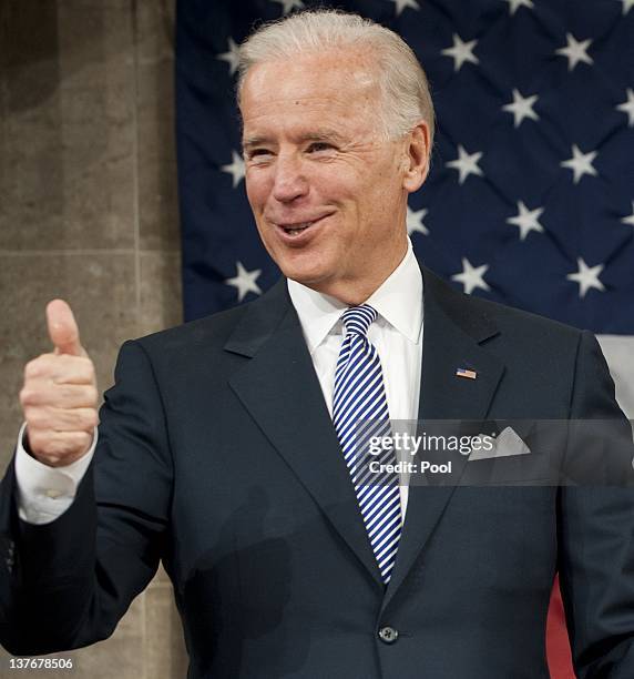 Vice President Joe Biden gestures before the State of the Union address before a joint session of Congress on Capitol Hill January 24, 2012 in...