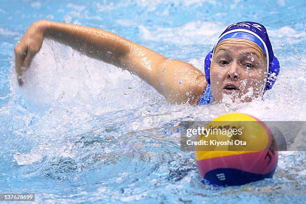 Anna Zubkova of Kazakhstan reaches for the ball during the Asian Water Polo Championships 2012 match between Japan and Kazakhstan at Chiba...