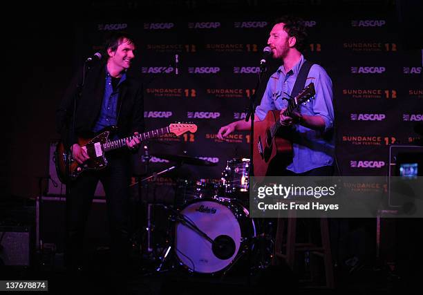 Mike Viola and Ryan Miller perform at Day 5 of the Music Cafe during the 2012 Sundance Film Festival held at Sundance ASCAP Music Cafe on January 24,...