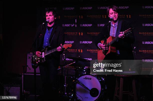 Mike Viola and Tim Adams perform at Day 5 of the Music Cafe during the 2012 Sundance Film Festival held at Sundance ASCAP Music Cafe on January 24,...