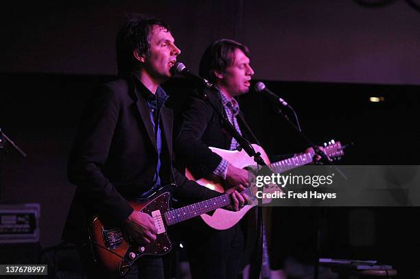 Mike Viola and Tim Adams perform at Day 5 of the Music Cafe during the 2012 Sundance Film Festival held at Sundance ASCAP Music Cafe on January 24,...