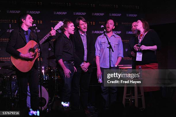 Mike Viola, Erik Philbrook, Tim Adams, Ryan Miller, Bob Lowgry and Dayna Kurtz attend Day 5 of the Music Cafe during the 2012 Sundance Film Festival...