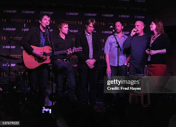 Mike Viola, Erik Philbrook, Tim Adams, Ryan Miller, Bob Lowgry and Dayna Kurtz attend Day 5 of the Music Cafe during the 2012 Sundance Film Festival...